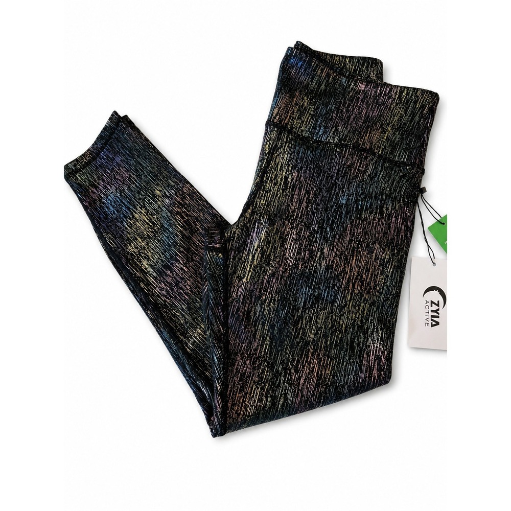 Zyia Active Womens 6-8 Black Multicolor Ankle Leggings Stretch NWT Recycled